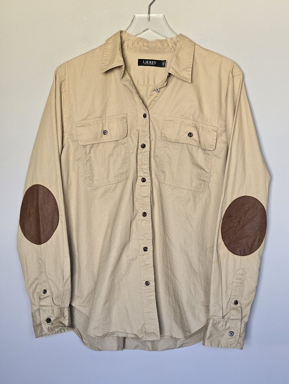 Lauren Ralph Lauren Black Label Khaki Western Safari Button-Down Leather Elbow - Picture 2 of 9